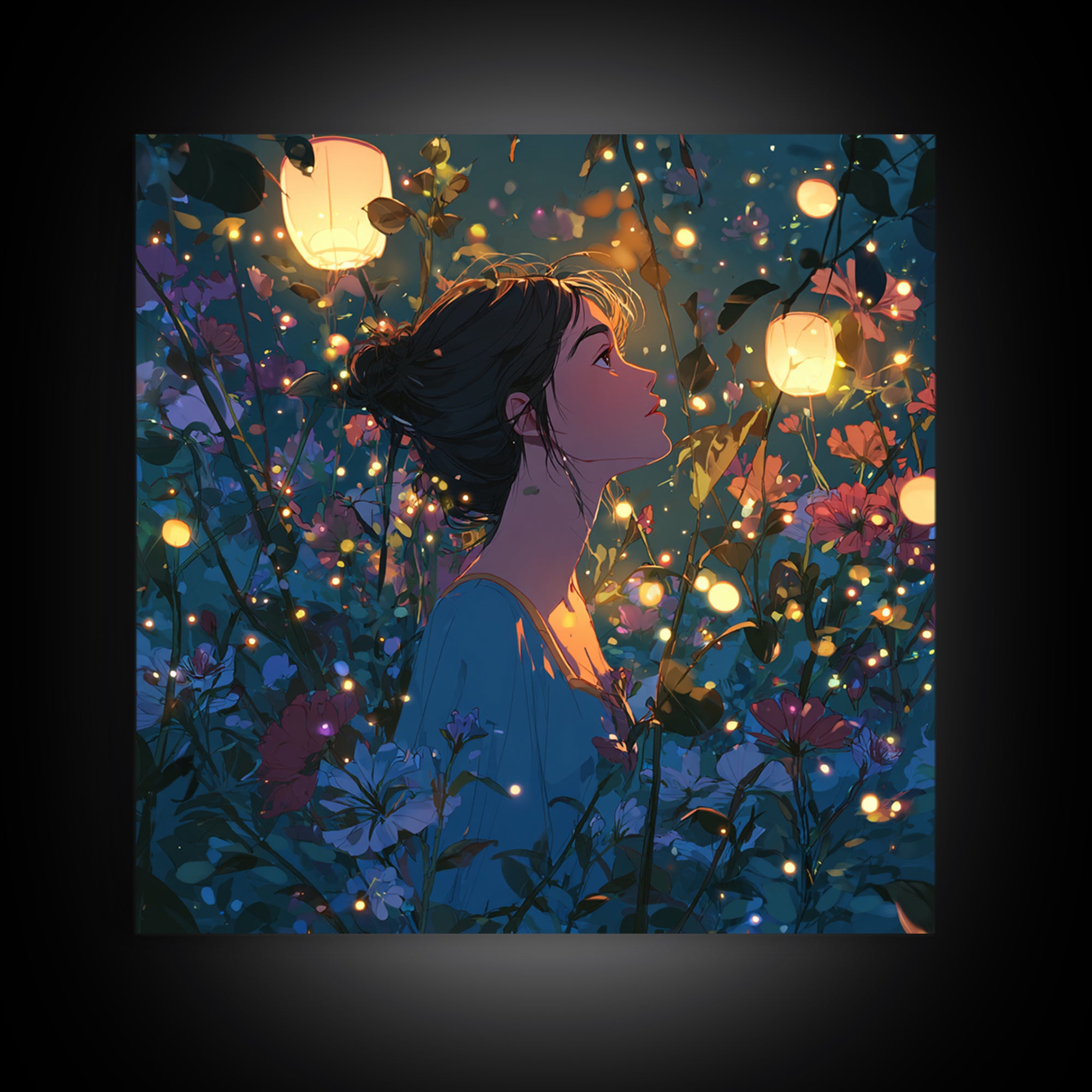Lantern Lit Girl In Enchanted Flower Garden Wall Art, Whimsical Fairycore Decor, Fantasy Floral Print For Bedroom Living Room Decor