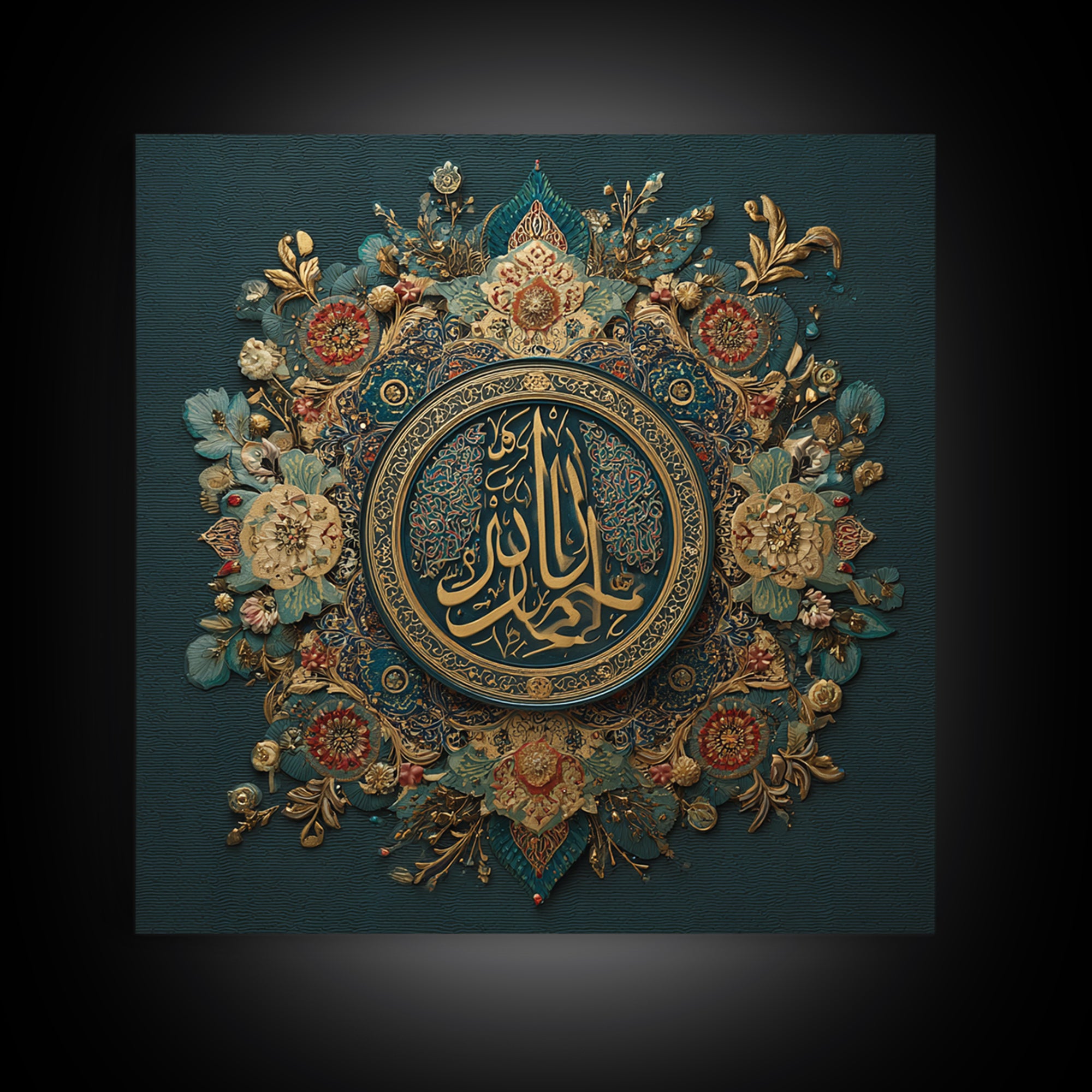 Ornate Arabic Calligraphy Mandala Wall Art, Islamic Home Decor, Teal Gold Spiritual Art Print, Muslim Wall Decor, Ramadan Eid Gift