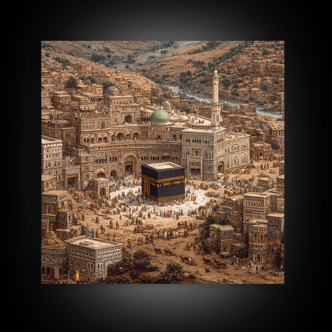Kaaba In Ancient Mecca City Canvas Print, Islamic Architecture Wall Art, Hajj Prayer Room Decor Housewarming Gift For Muslim Home