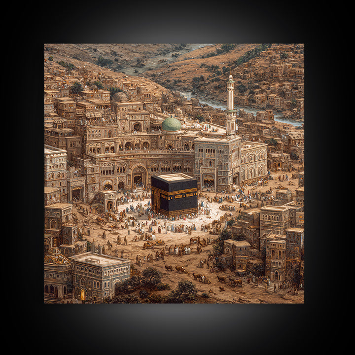Kaaba In Ancient Mecca City Canvas Print, Islamic Architecture Wall Art, Hajj Prayer Room Decor Housewarming Gift For Muslim Home