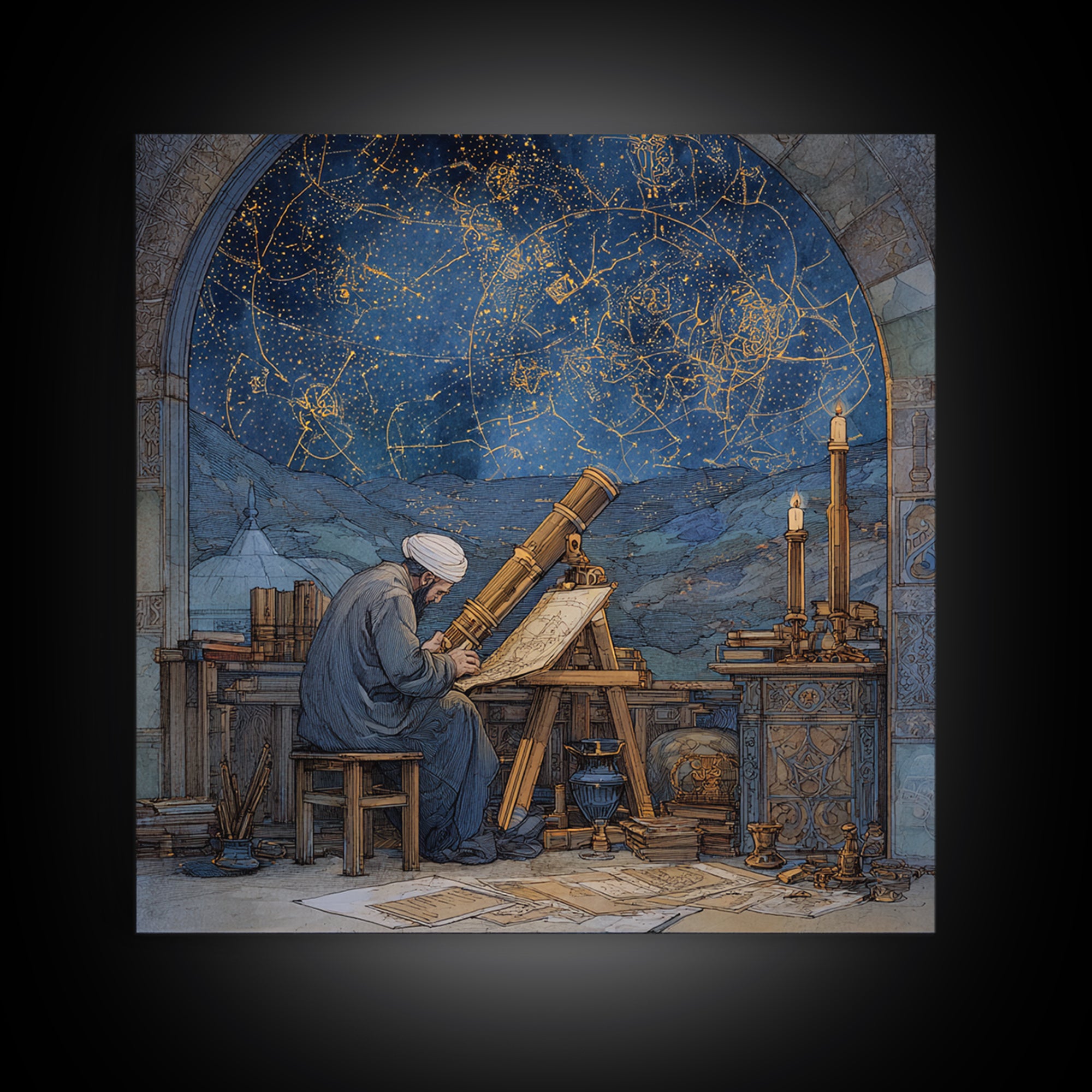 Medieval Astronomer Observatory Wall Art, Celestial Star Map Illustration, Islamic Science Decor, Astrology Canvas Print