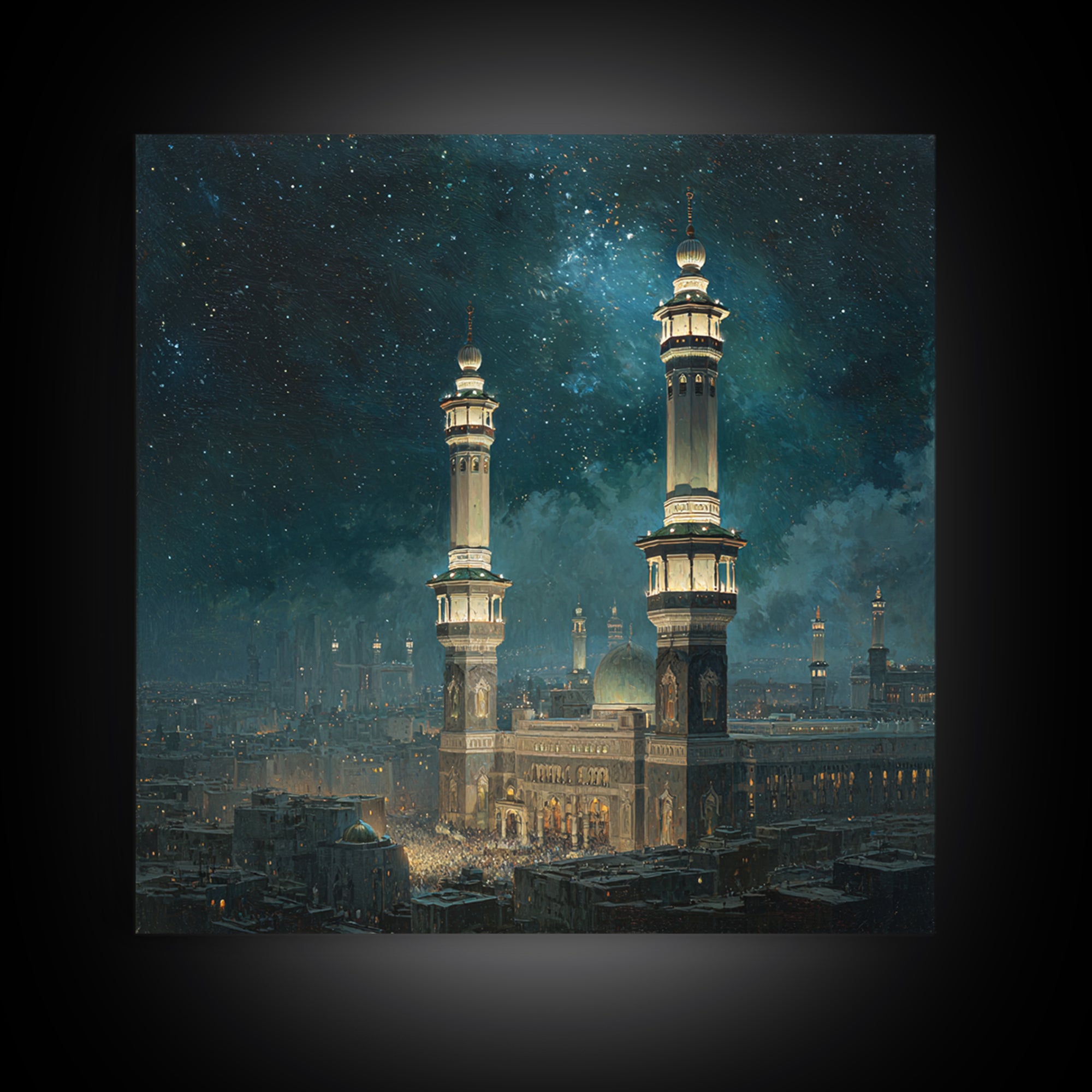 Starry Night Mosque Minarets Framed Canvas Print, Islamic Wall Art, Celestial Arabic Home Decor For Prayer Room And Eid Gift