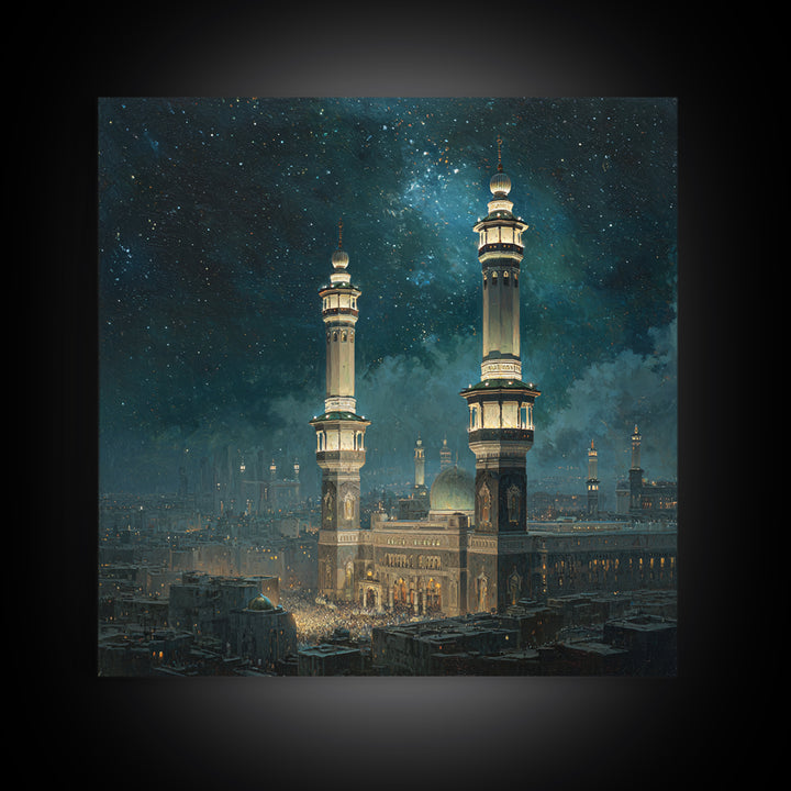 Starry Night Mosque Minarets Framed Canvas Print, Islamic Wall Art, Celestial Arabic Home Decor For Prayer Room And Eid Gift