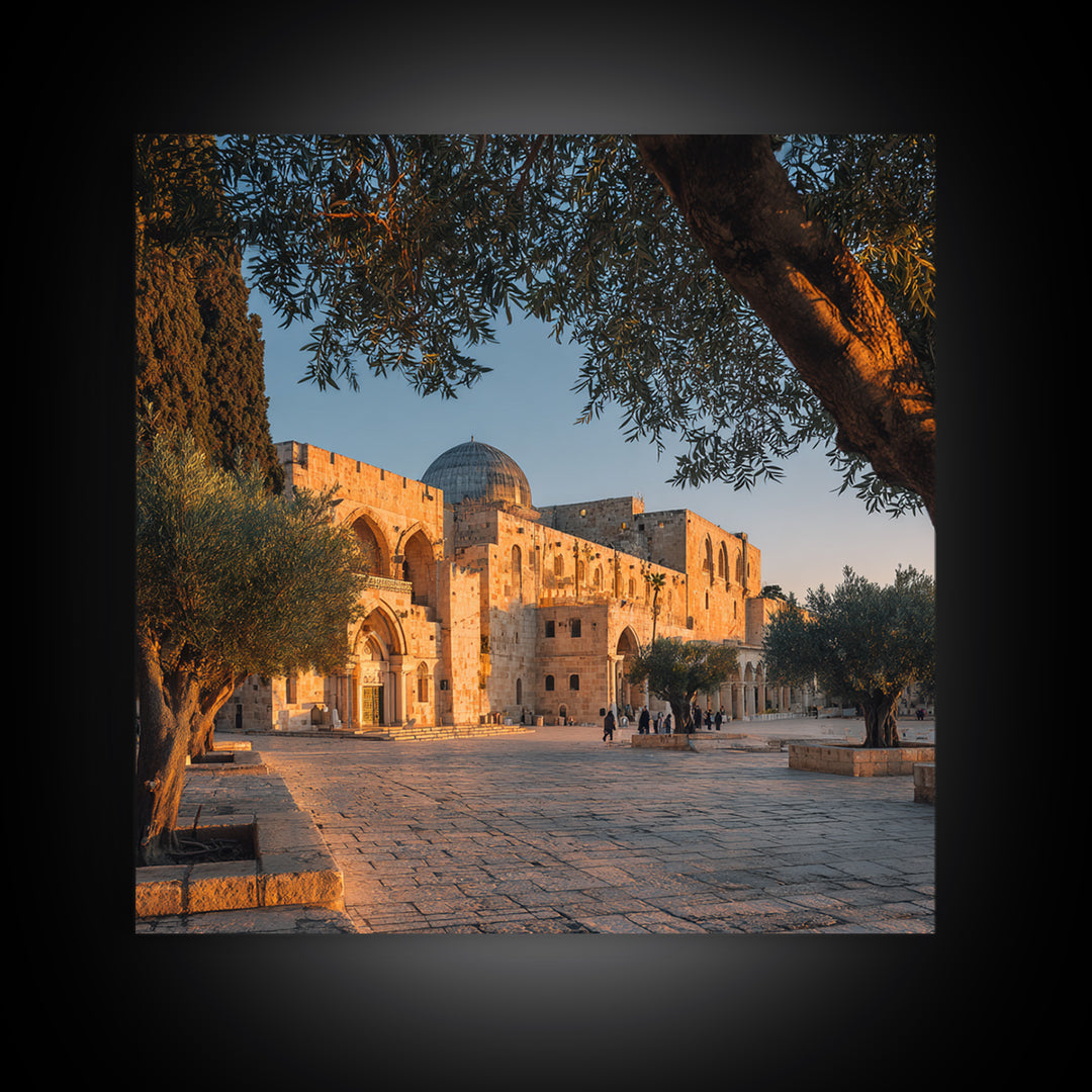 Golden Jerusalem Mosque Courtyard Wall Art, Islamic Architecture Print, Olive Tree Decor, Spiritual Travel Poster, Middle Eastern Decor