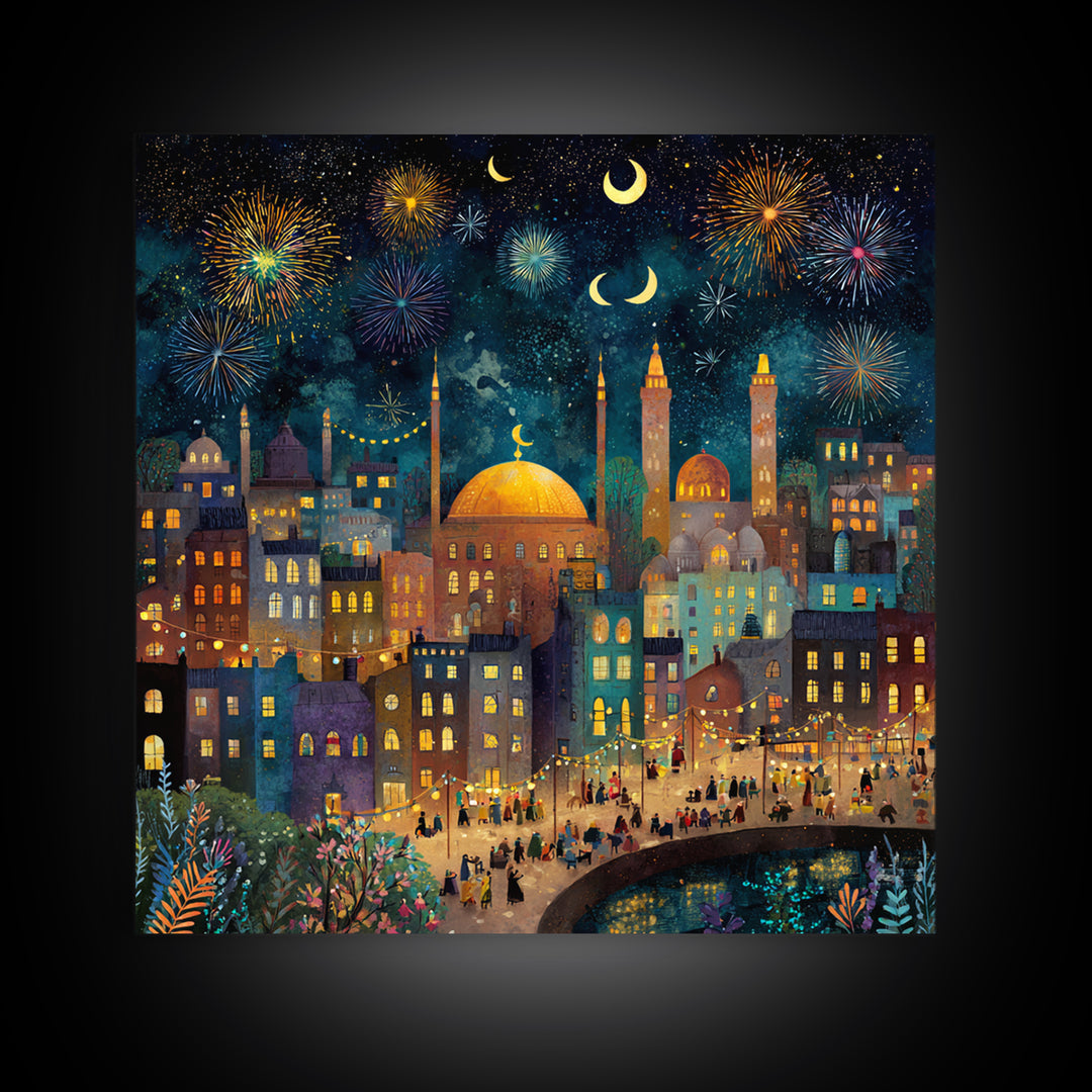 Crescent Moon City Fireworks Wall Art, Whimsical Islamic Canvas Print, Ramadan Decor, Celestial Nursery Art Gift For Kids Room Decor