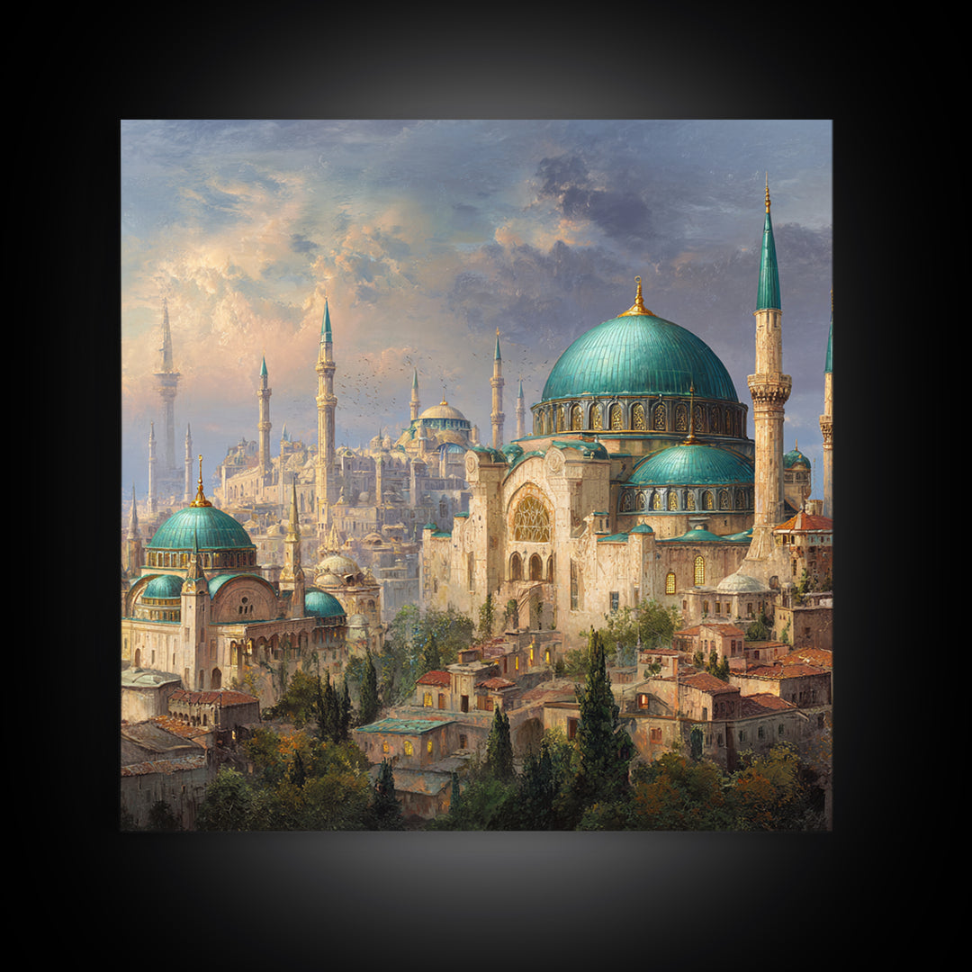 Turquoise Domed Istanbul Mosque Canvas Print, Islamic Architecture Wall Art, Middle Eastern Decor, Elegant Travel Poster