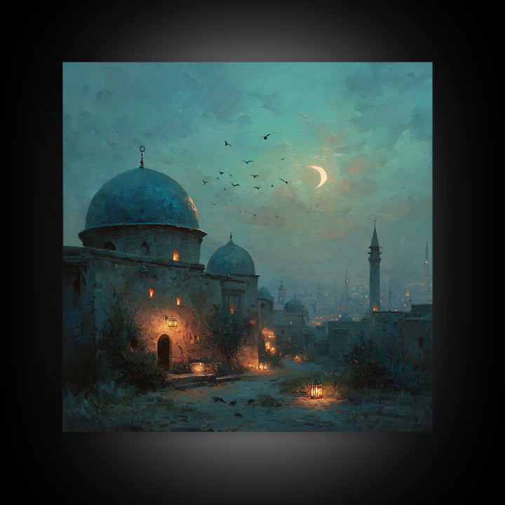 Moonlit Desert Dome Wall Art, Crescent Moon Islamic Architecture Painting, Moroccan Decor, Teal Blue Canvas Print, Ramadan Gift