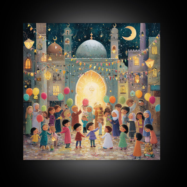 Whimsical Eid Festival Mosque Wall Art, Children With Balloons Islamic Decor, Ramadan Celebration Nursery Art Print Gift