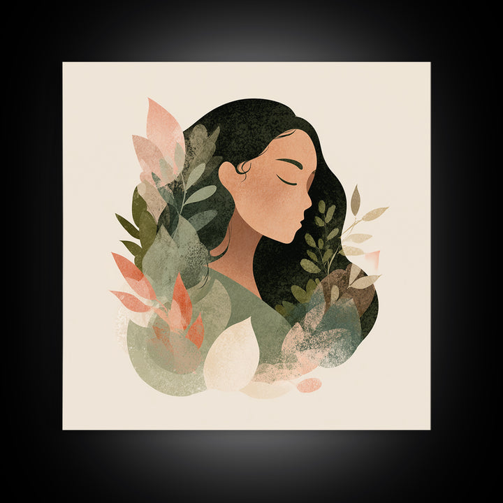 Serene Botanical Woman Portrait Canvas Print, Neutral Boho Wall Decor, Minimalist Art Print For Bedroom Living Room Home Decor