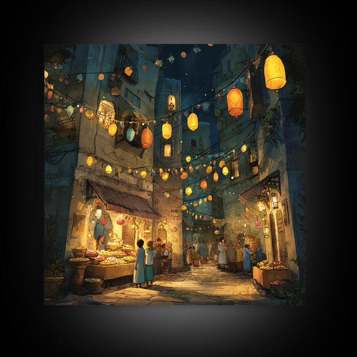 Glowing Lantern Night Market Alley With Food Stalls Wall Art, Moroccan Decor, Mediterranean Travel Poster, Kitchen Wall Art