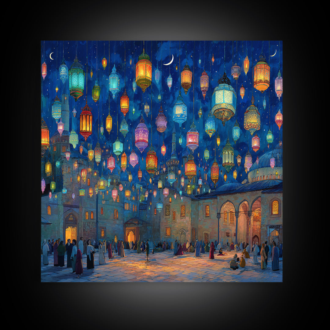 Colorful Ramadan Lanterns Over Courtyard Wall Art, Islamic Canvas Print, Arabic Home Decor, Eid Gift, Mystical Night Scene