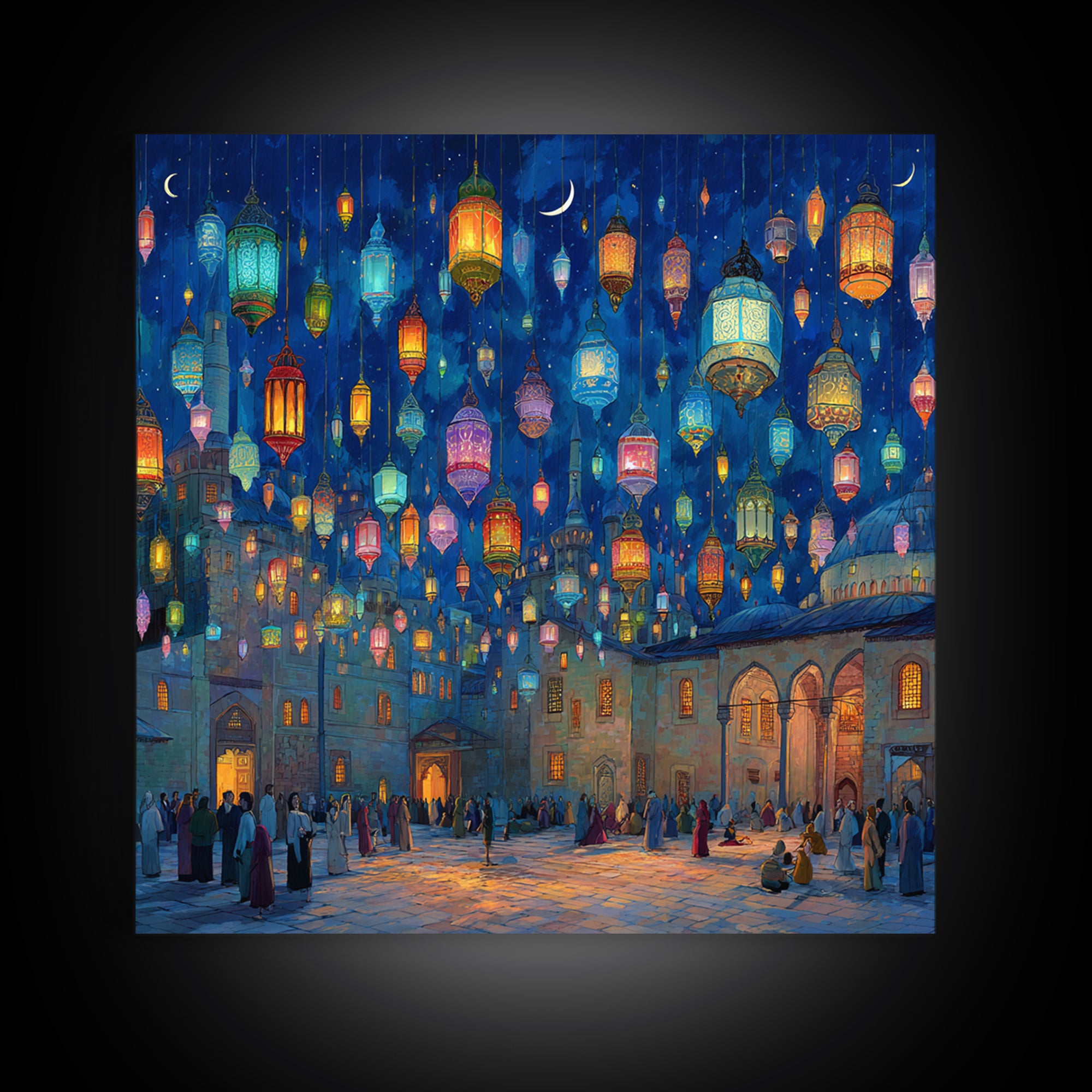 Colorful Ramadan Lanterns Over Courtyard Wall Art, Islamic Canvas Print, Arabic Home Decor, Eid Gift, Mystical Night Scene