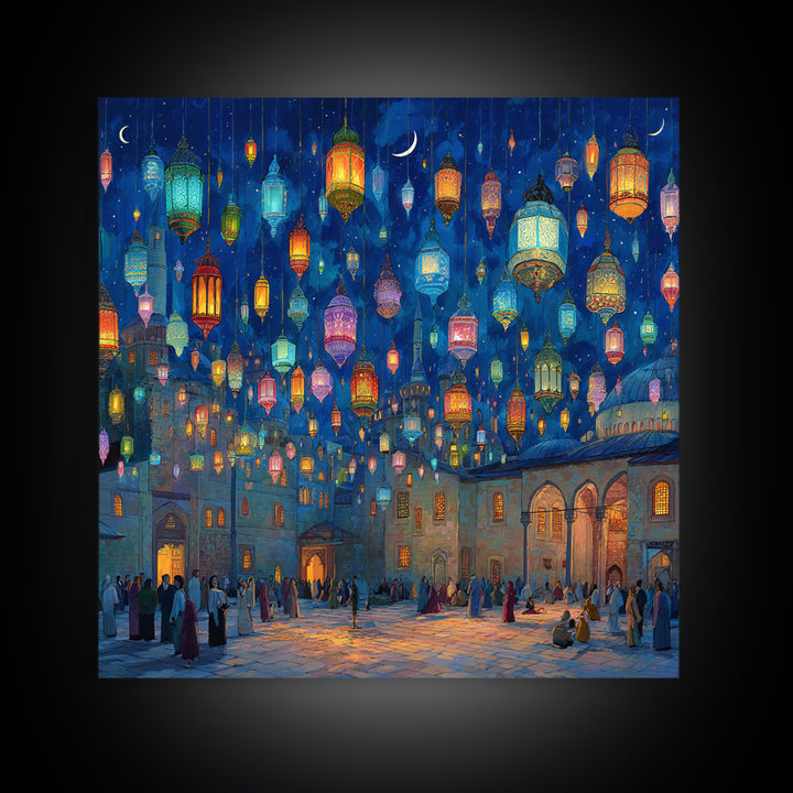 Colorful Ramadan Lanterns Over Courtyard Wall Art, Islamic Canvas Print, Arabic Home Decor, Eid Gift, Mystical Night Scene