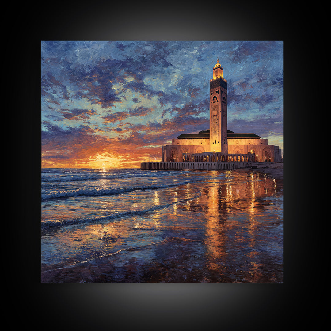 Sunset Mosque On Moroccan Coast Canvas Print, Islamic Wall Art, Ocean Seascape, Morocco Travel Poster, Coastal Home Decor