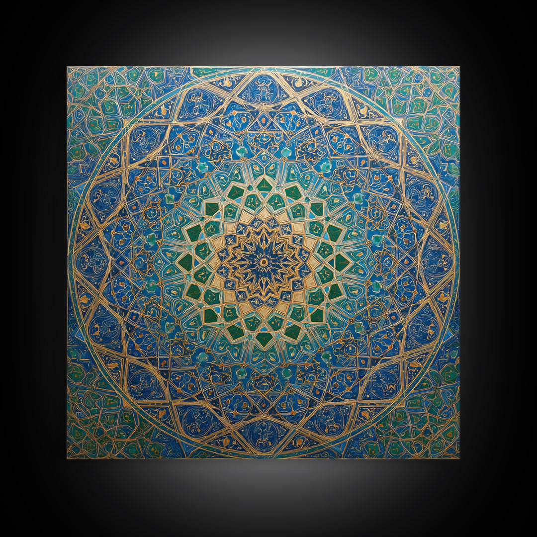 Blue Gold Islamic Geometric Mandala Wall Art, Moroccan Mosaic Canvas Print, Arabic Decor Gift For Prayer Room