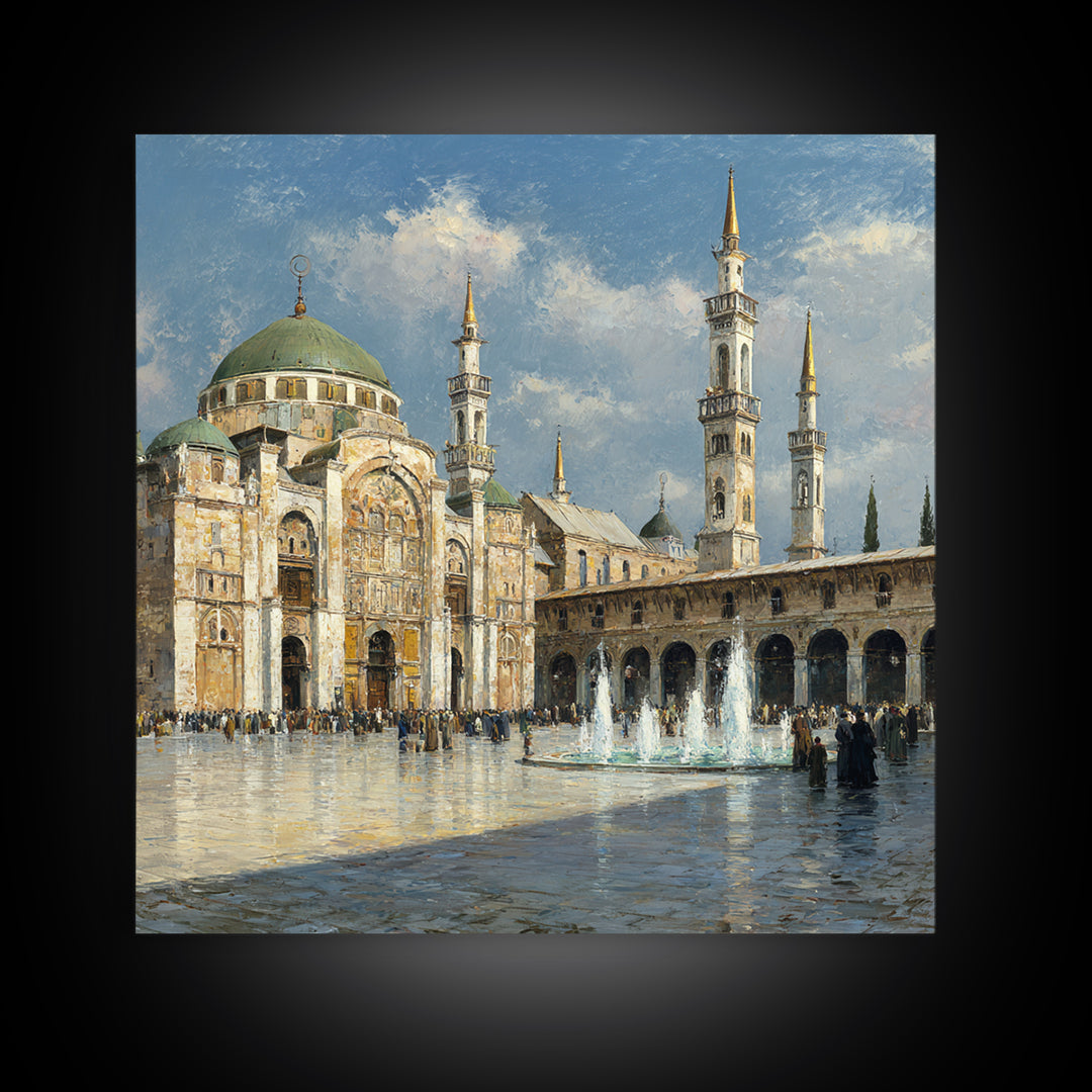 Grand Mosque Courtyard Framed Canvas Print, Islamic Architecture Wall Art, Impressionist Travel Poster, Elegant Office Decor