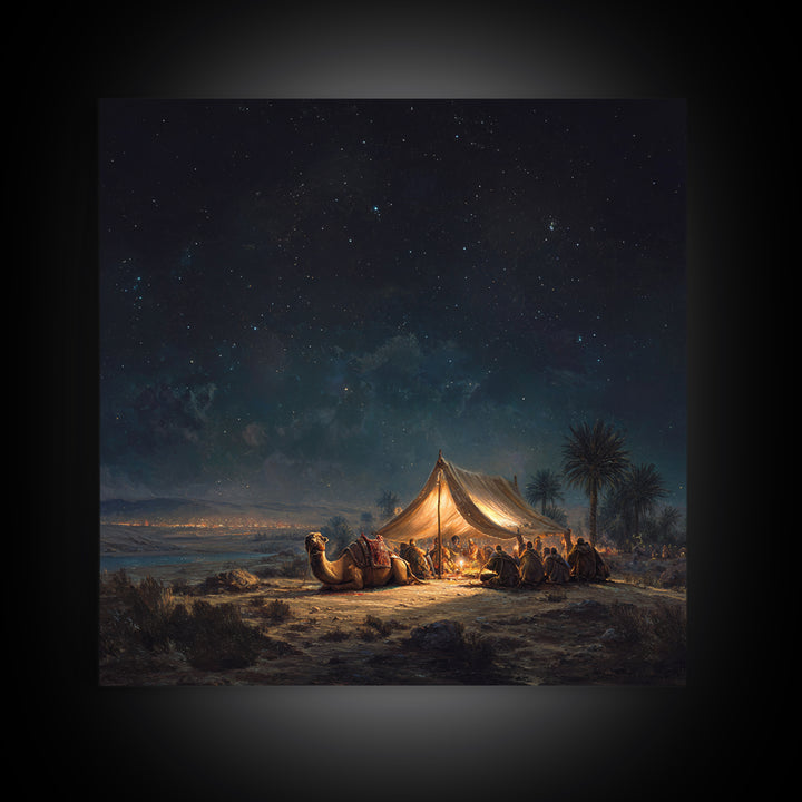Starlit Desert Camp Canvas Print, Camel Caravan Landscape Art, Celestial Night Sky Wall Decor, Boho Travel Poster Gift For Him