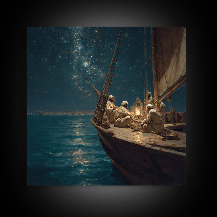Starlit Arabian Sailboat Canvas Print, Nautical Wall Art, Ocean Night Seascape, Coastal Decor, Travel Inspired Art, Starry Sky
