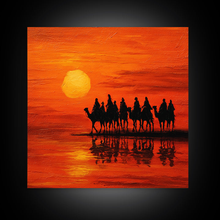 Camel Caravan At Orange Desert Sunset Wall Art, Moroccan Travel Canvas Print, Sahara Landscape Decor, Boho Housewarming Gift