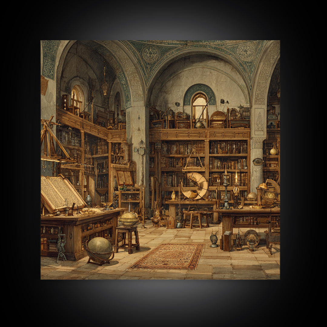 Antique Scholar Library With Globes And Manuscripts Framed Canvas Print, Dark Academia Wall Art, Office Decor, Book Lover Gift