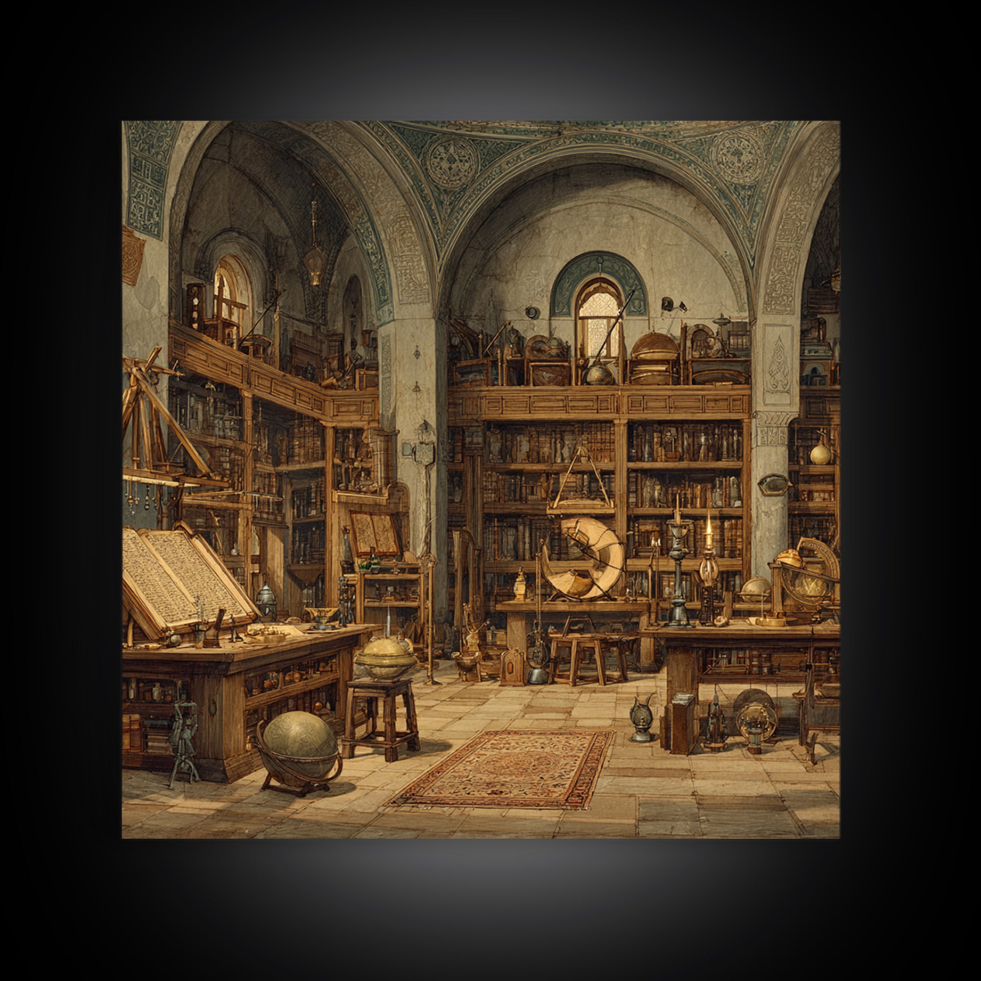 Antique Scholar Library With Globes And Manuscripts Framed Canvas Print, Dark Academia Wall Art, Office Decor, Book Lover Gift