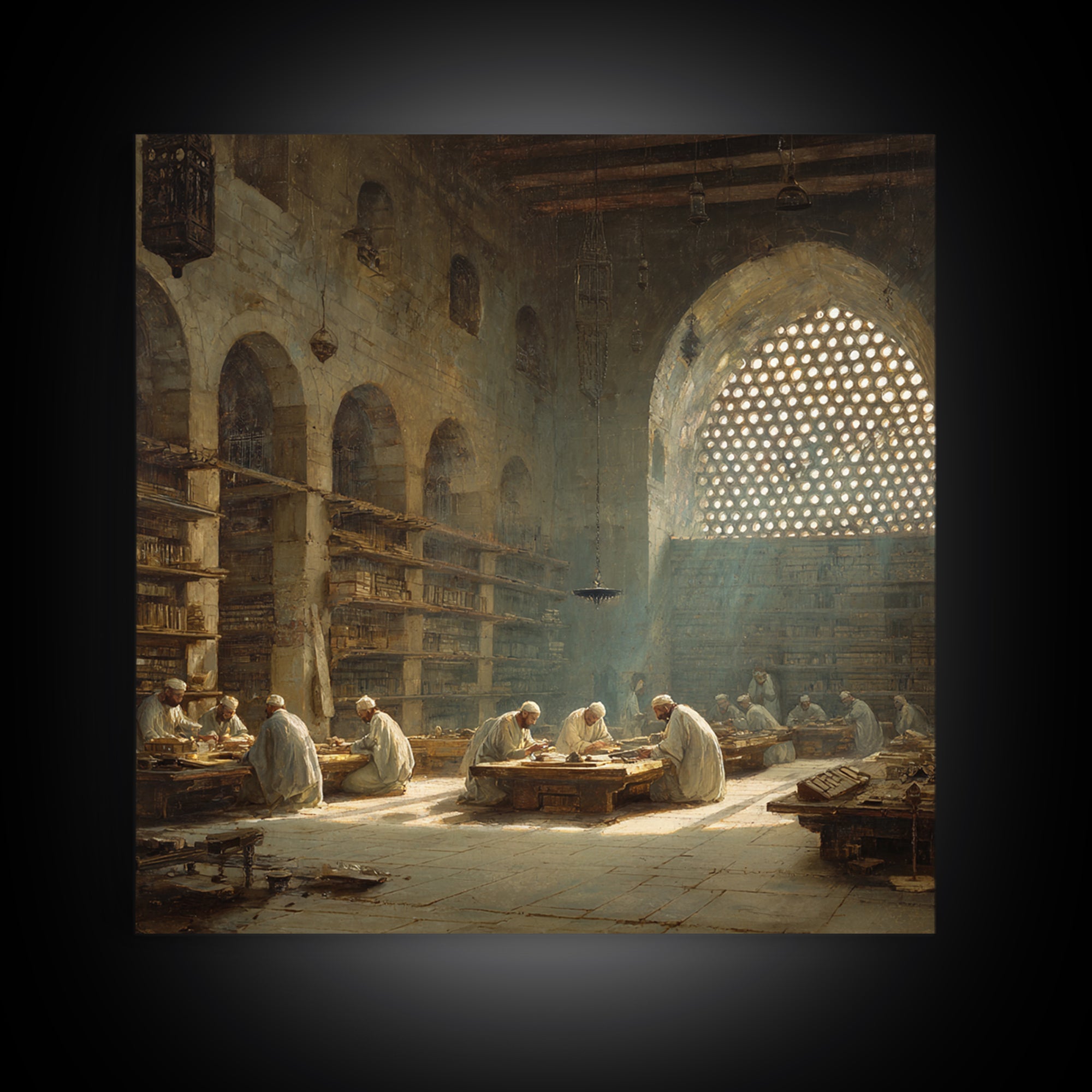 Sunlit Ancient Library Scholars Wall Art, Islamic Architecture Canvas, Dark Academia Decor, Historical Fine Art Print Gift