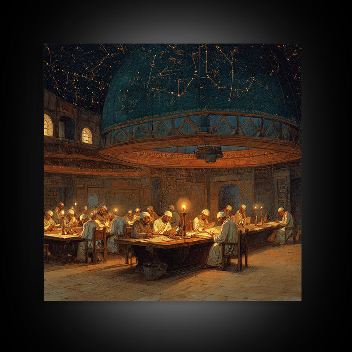 Medieval Astronomy Scholars Canvas Print, Celestial Observatory Wall Art, Islamic Golden Age Decor, Dark Academia Gift For Him