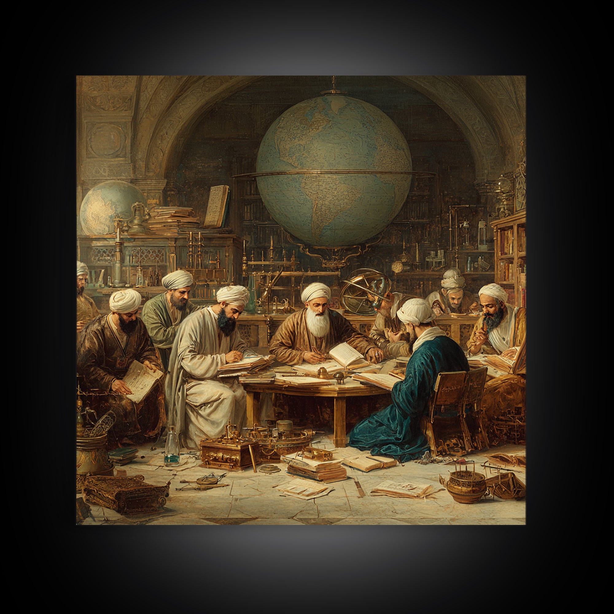 Ancient Scholars With Globe Wall Art, Islamic Golden Age Study Framed Canvas Print, Historical Library Office Decor Gift