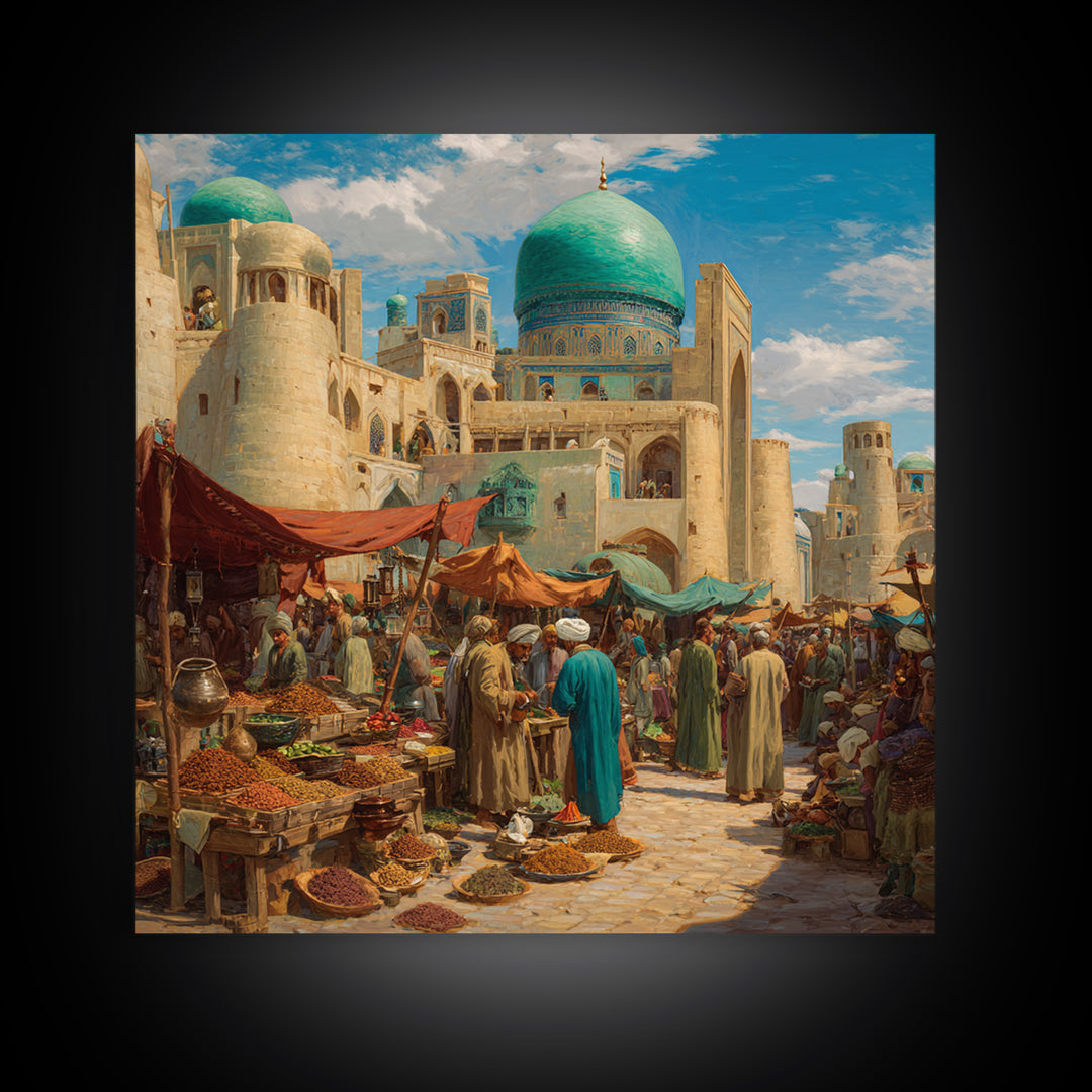 Turquoise Dome Bazaar Wall Art, Silk Road Market Painting, Islamic Architecture Decor, Moroccan Style Travel Art Print, Canvas Print