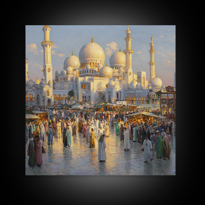 Grand White Mosque And Market Crowd Wall Art, Islamic Architecture Print, Middle Eastern Decor, Travel Gift For Living Room