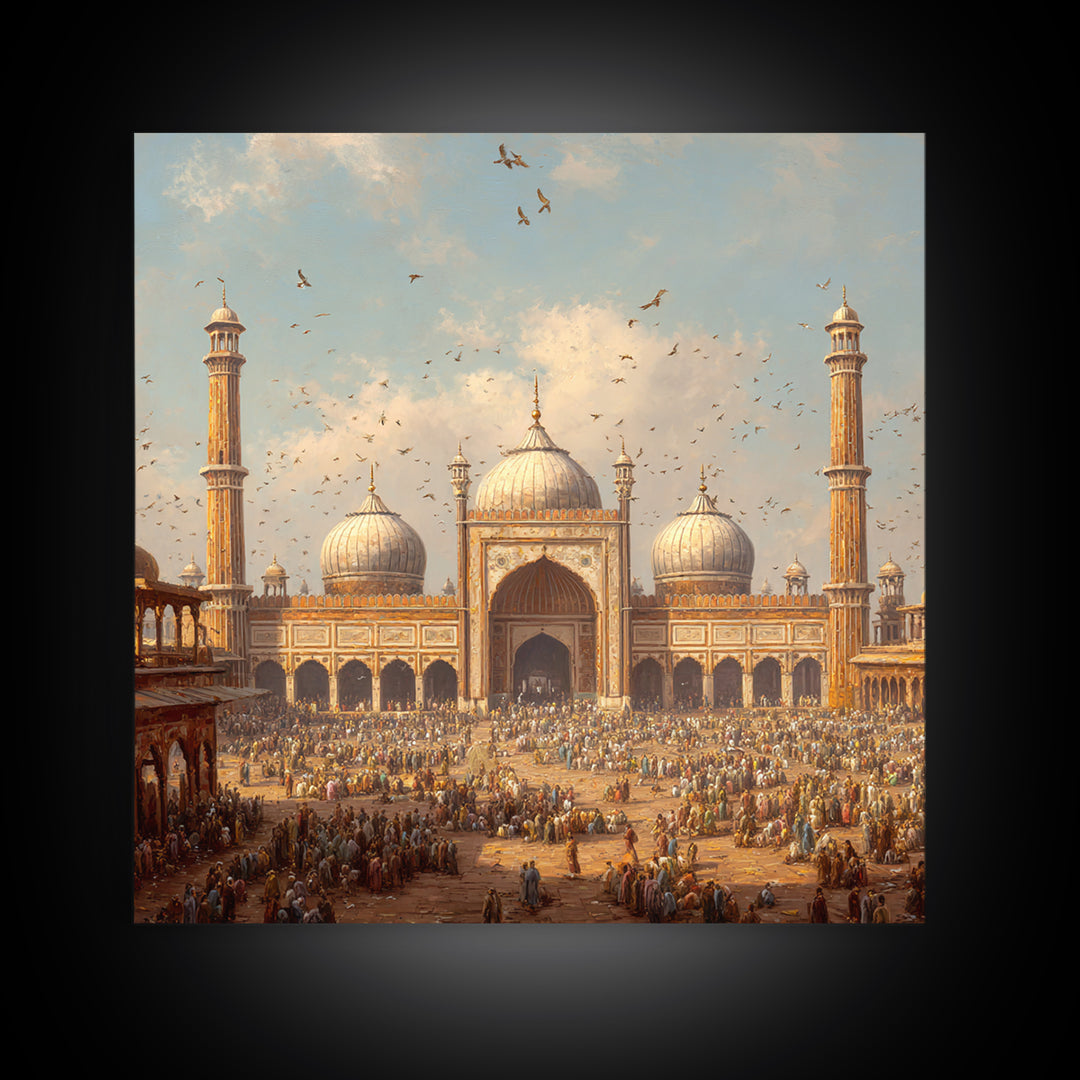 Grand Mosque Courtyard Framed Canvas Print, Islamic Architecture Wall Art, Spiritual Home Decor, Eid Gift, Living Room Art