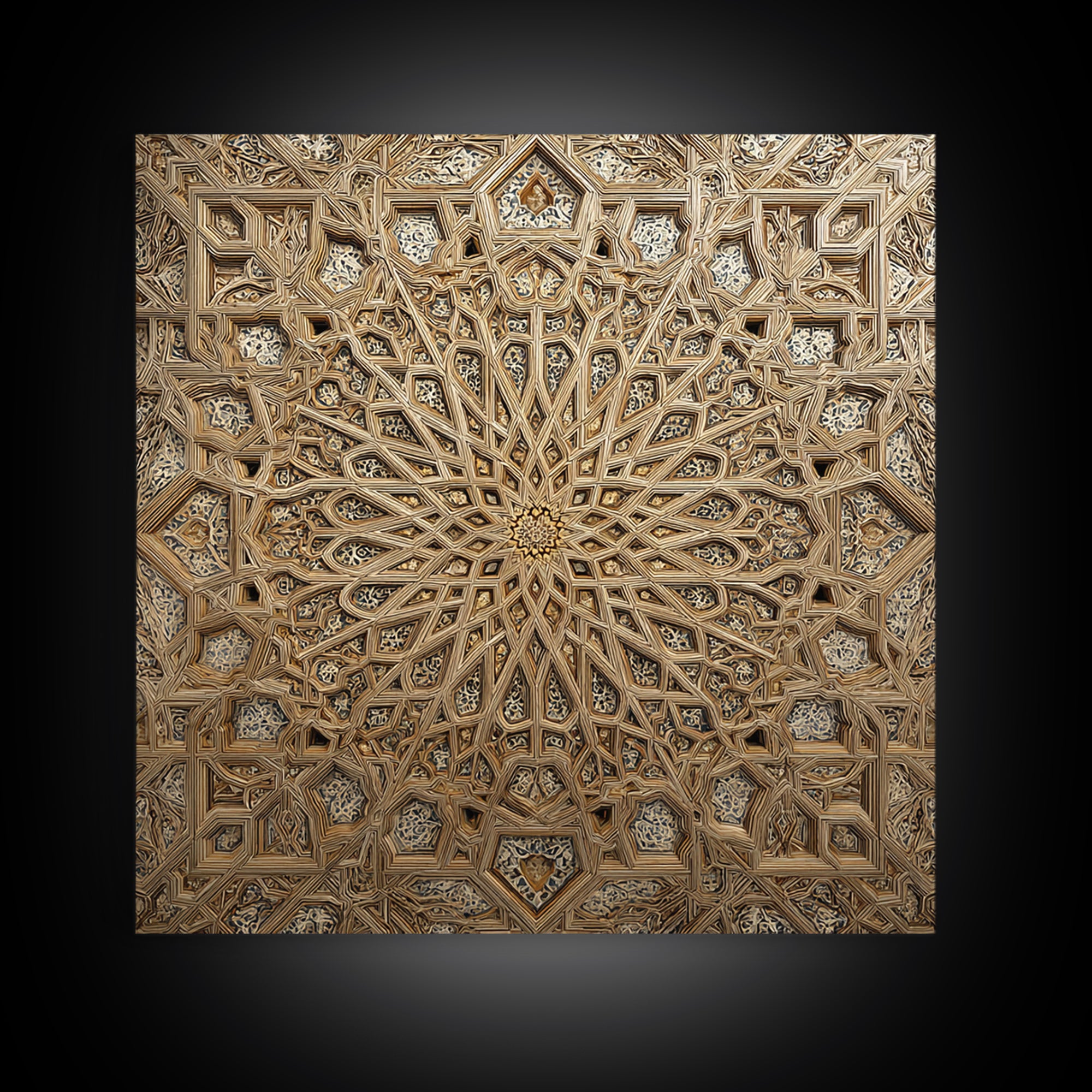 Ornate Islamic Geometric Star Ceiling Wall Art, Moroccan Pattern Framed Canvas Print, Gold Mandala Home Decor For Living Room