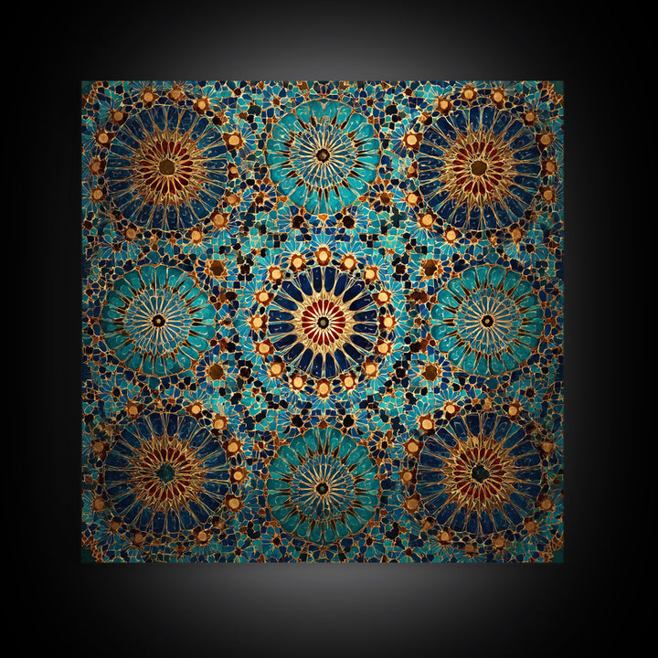 Turquoise Moroccan Tile Mosaic Wall Art, Geometric Islamic Canvas Print, Boho Wall Decor, Mediterranean Home Decor Gift Idea