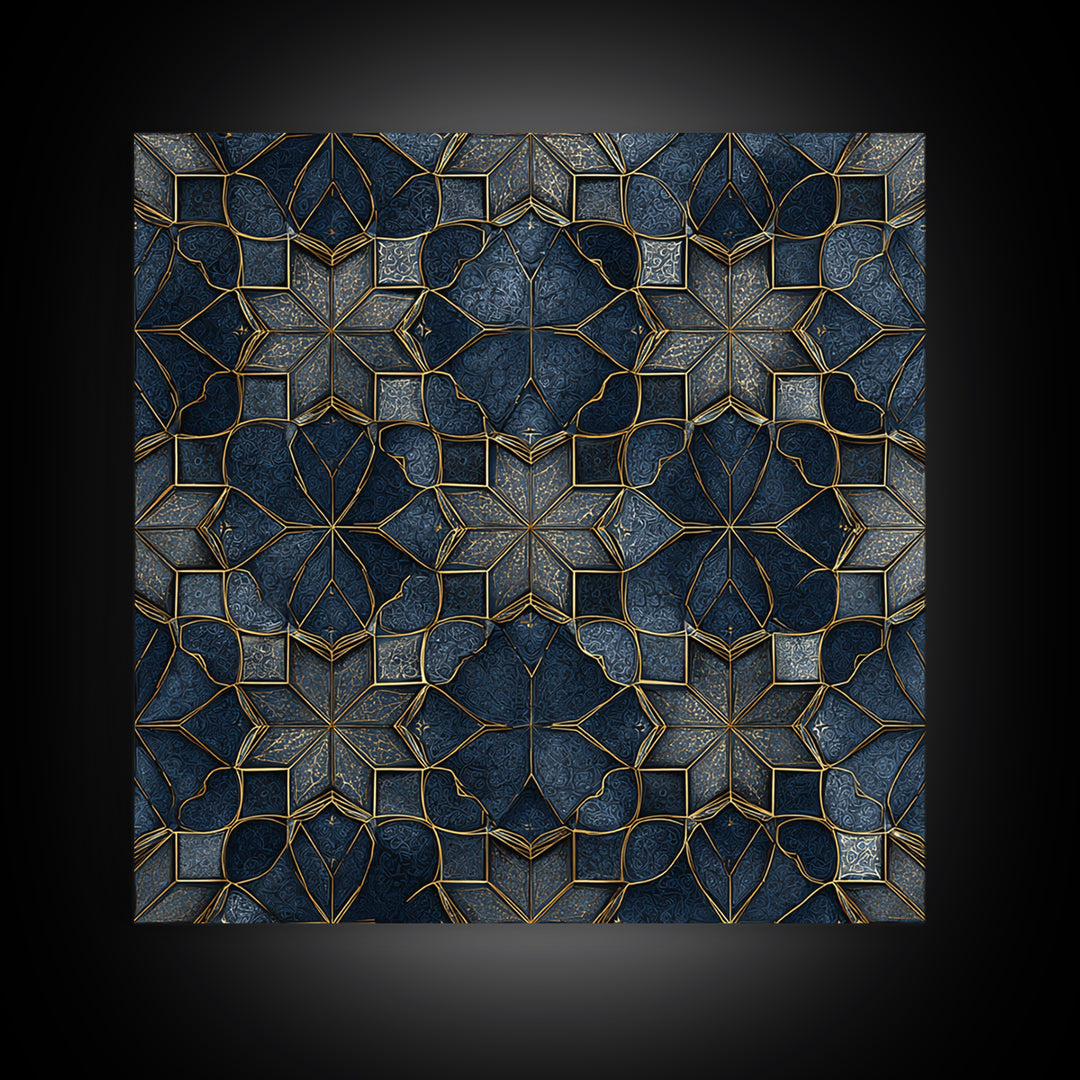 Blue Gold Geometric Tile Pattern Wall Art, Moroccan Art Deco Canvas Print, Luxury Modern Abstract Home Decor Gift For Her