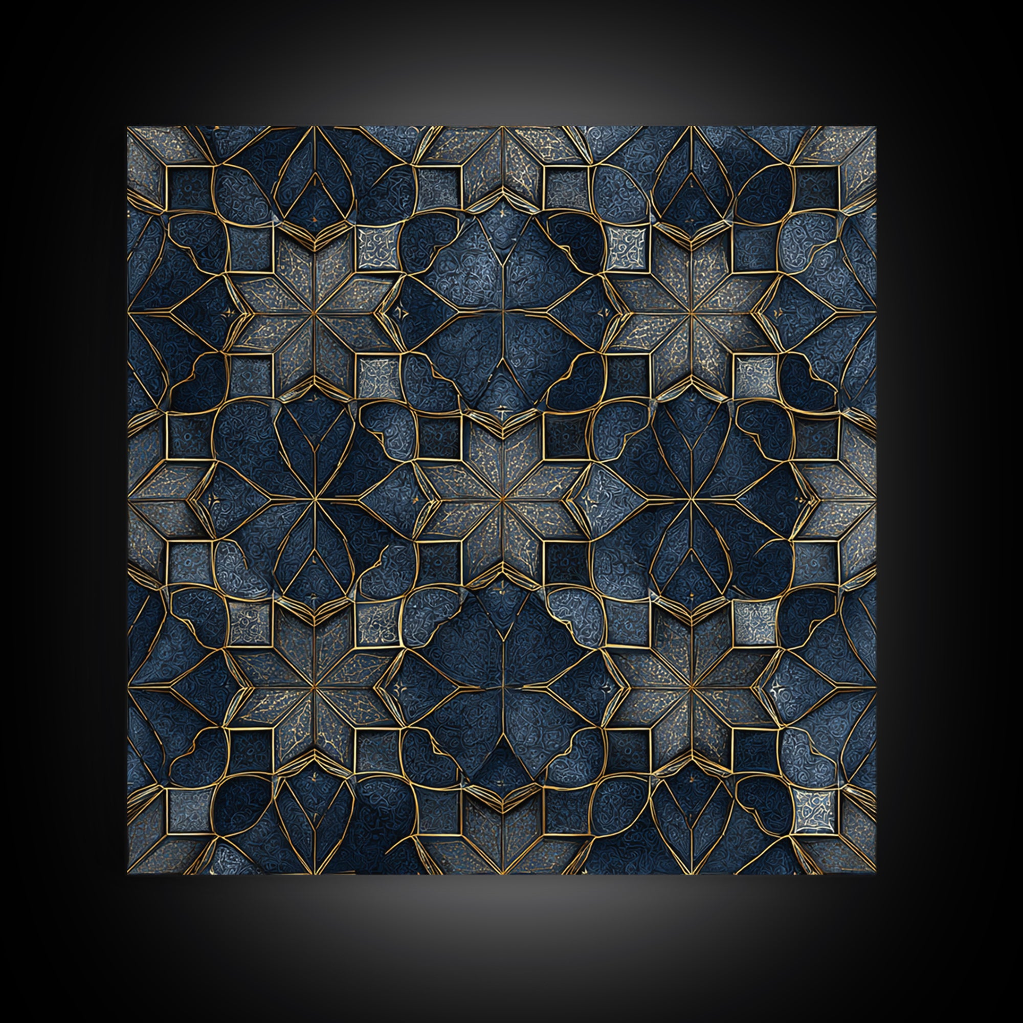 Blue Gold Geometric Tile Pattern Wall Art, Moroccan Art Deco Canvas Print, Luxury Modern Abstract Home Decor Gift For Her