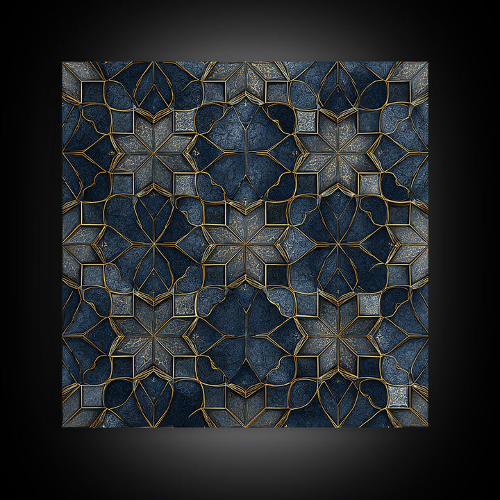 Blue Gold Geometric Tile Pattern Wall Art, Moroccan Art Deco Canvas Print, Luxury Modern Abstract Home Decor Gift For Her