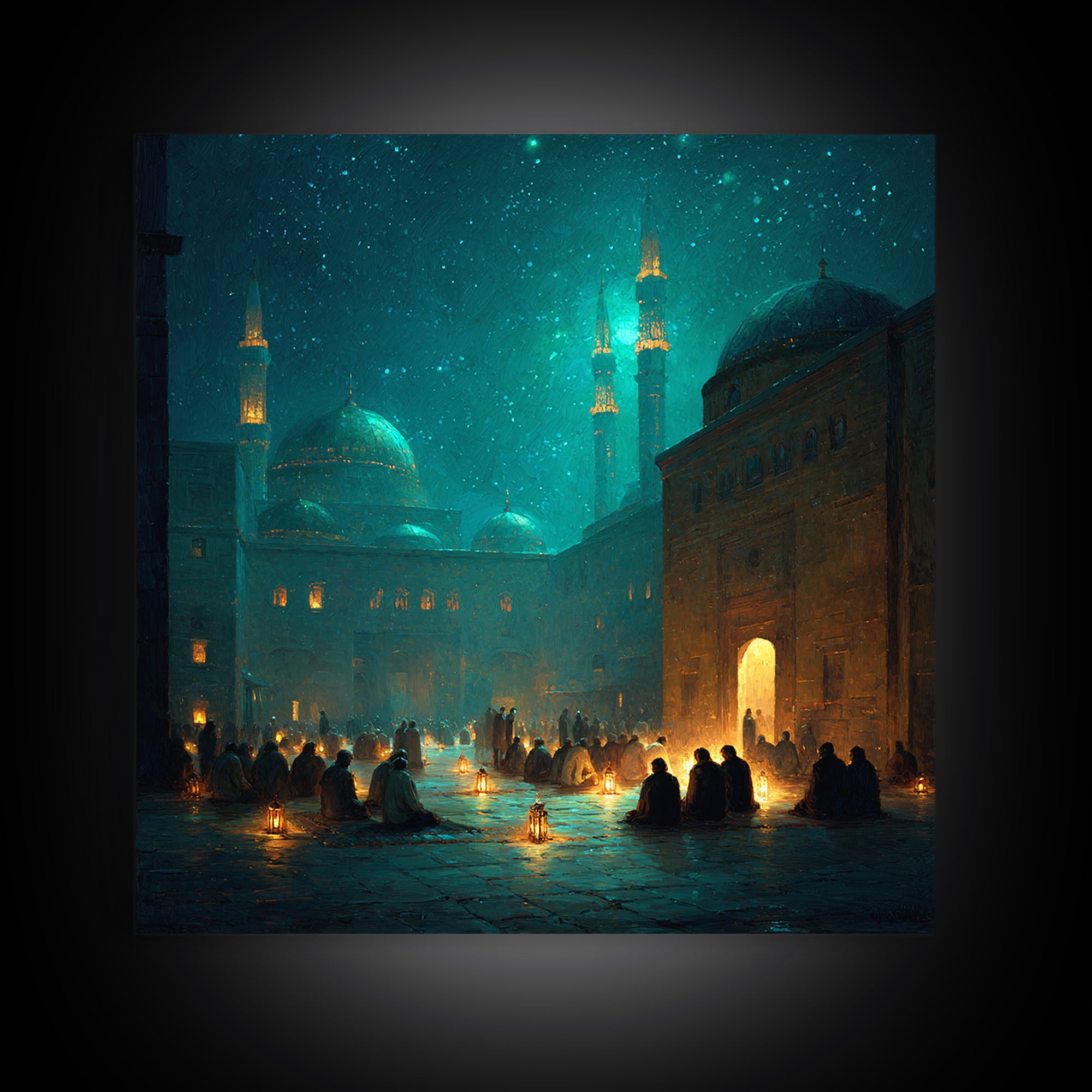 Teal Lantern Prayer Courtyard Wall Art, Islamic Framed Canvas Print, Ramadan Decor, Spiritual Wall Art, Moody Mosque Scene