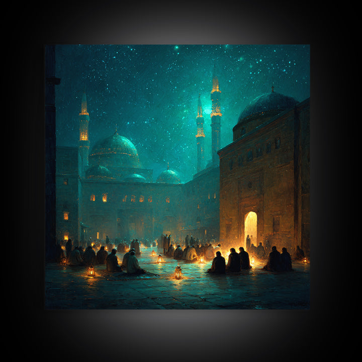 Teal Lantern Prayer Courtyard Wall Art, Islamic Framed Canvas Print, Ramadan Decor, Spiritual Wall Art, Moody Mosque Scene