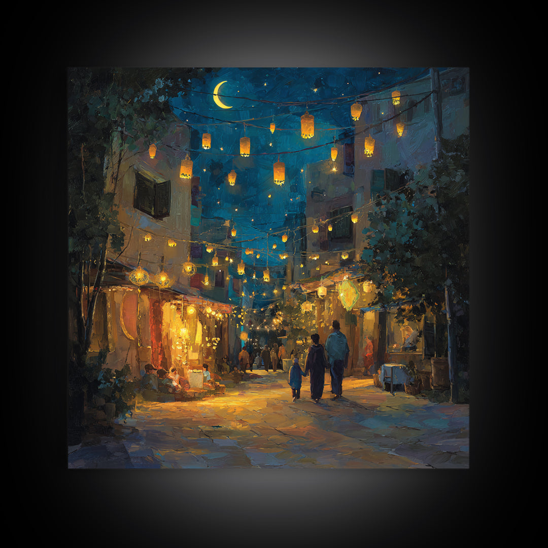 Moonlit Lantern Bazaar Wall Art, Middle Eastern Night Market Print, Ramadan Decor, Travel Poster, Warm Boho Home Decor Gift