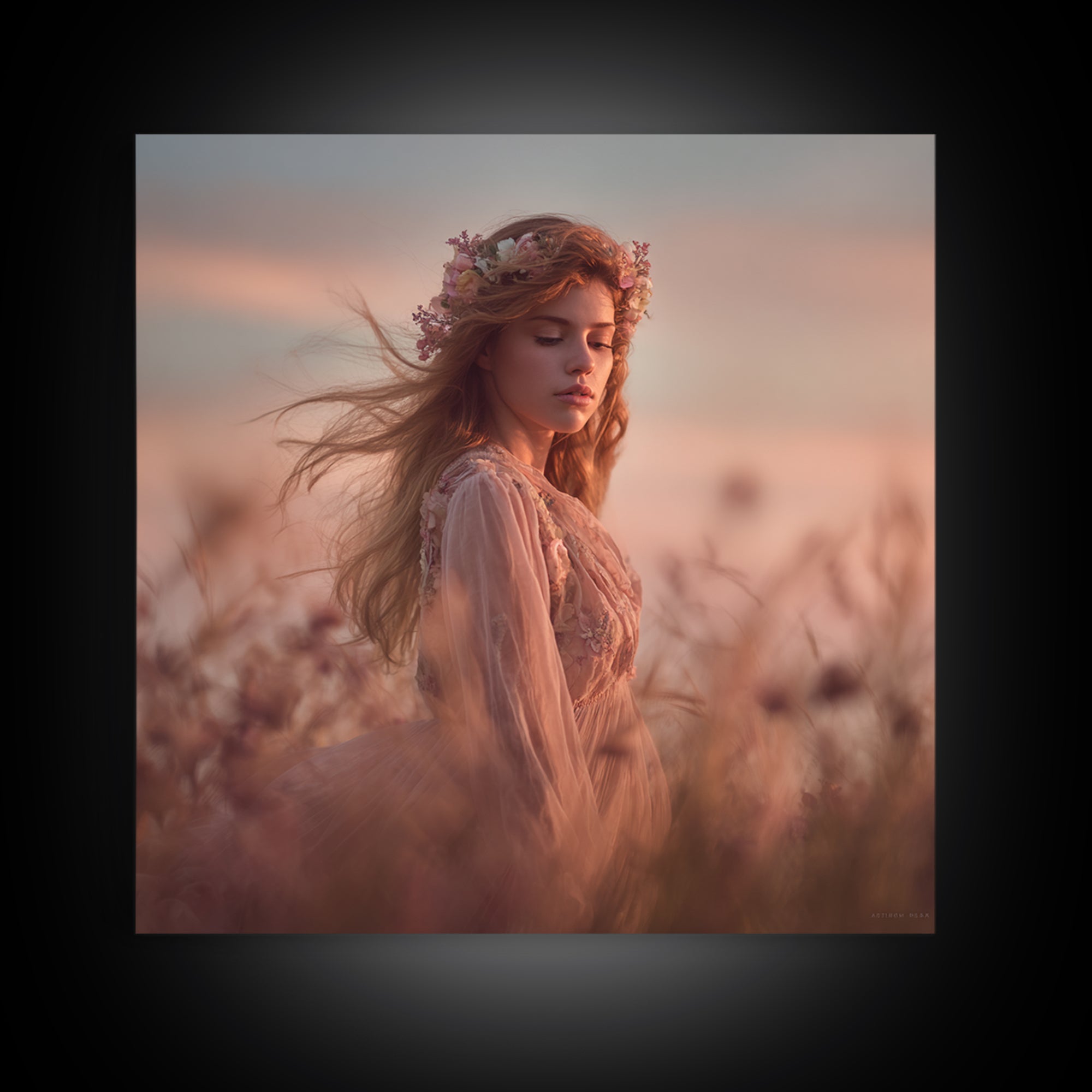 Ethereal Woman In Wildflower Meadow Canvas Print, Romantic Feminine Wall Art, Soft Pastel Bedroom Decor Living Room Gift For Her