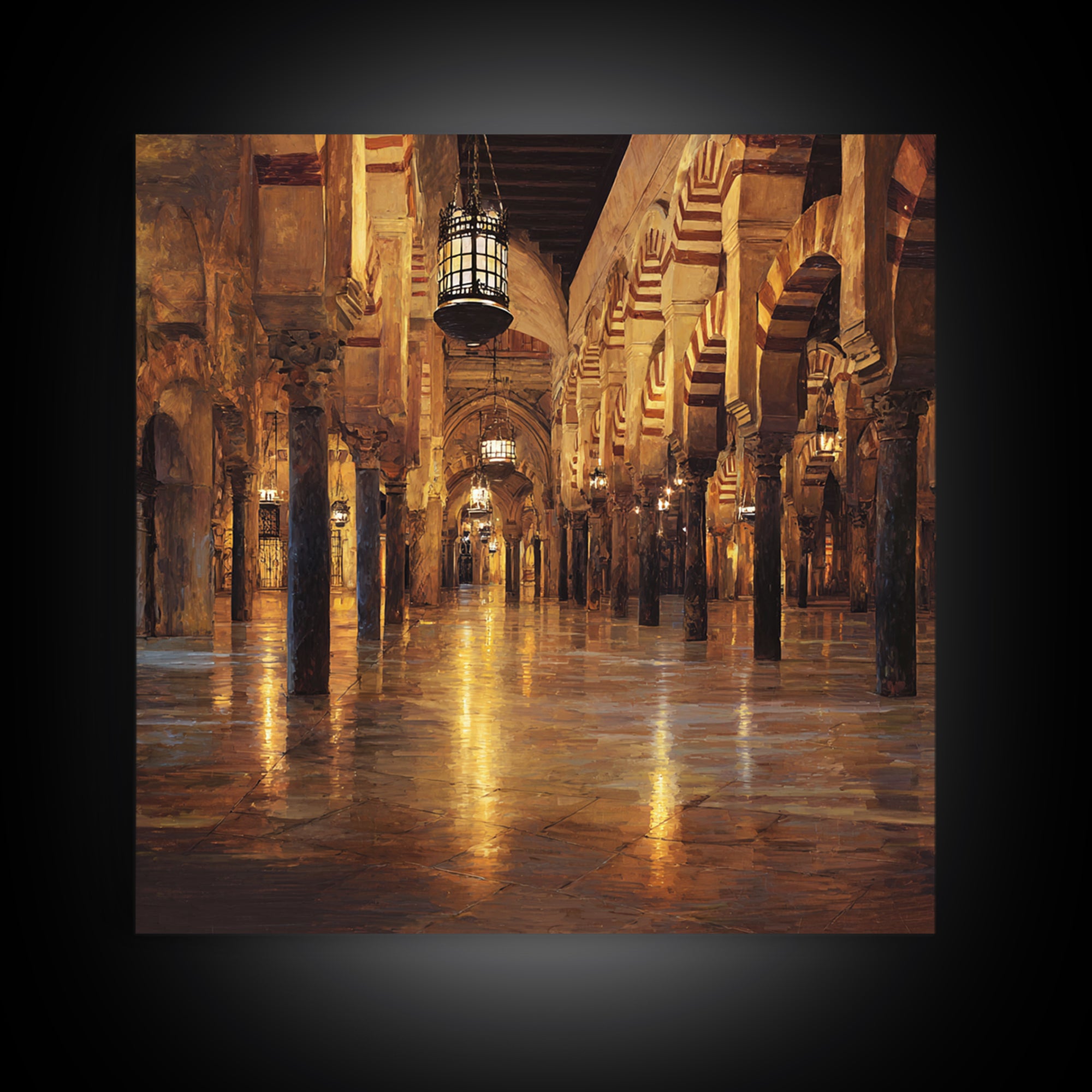 Golden Mosque Corridor Wall Art, Islamic Architecture Print, Moroccan Home Decor, Warm Lantern Canvas For Living Room Decor