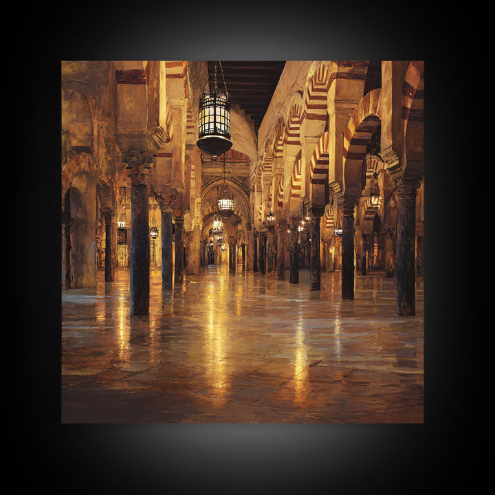 Golden Mosque Corridor Wall Art, Islamic Architecture Print, Moroccan Home Decor, Warm Lantern Canvas For Living Room Decor