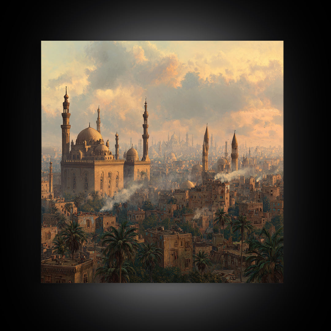 Cairo Mosque Skyline At Golden Hour Canvas Print, Islamic Wall Art, Middle Eastern Decor, Spiritual Cityscape Poster, Travel Art