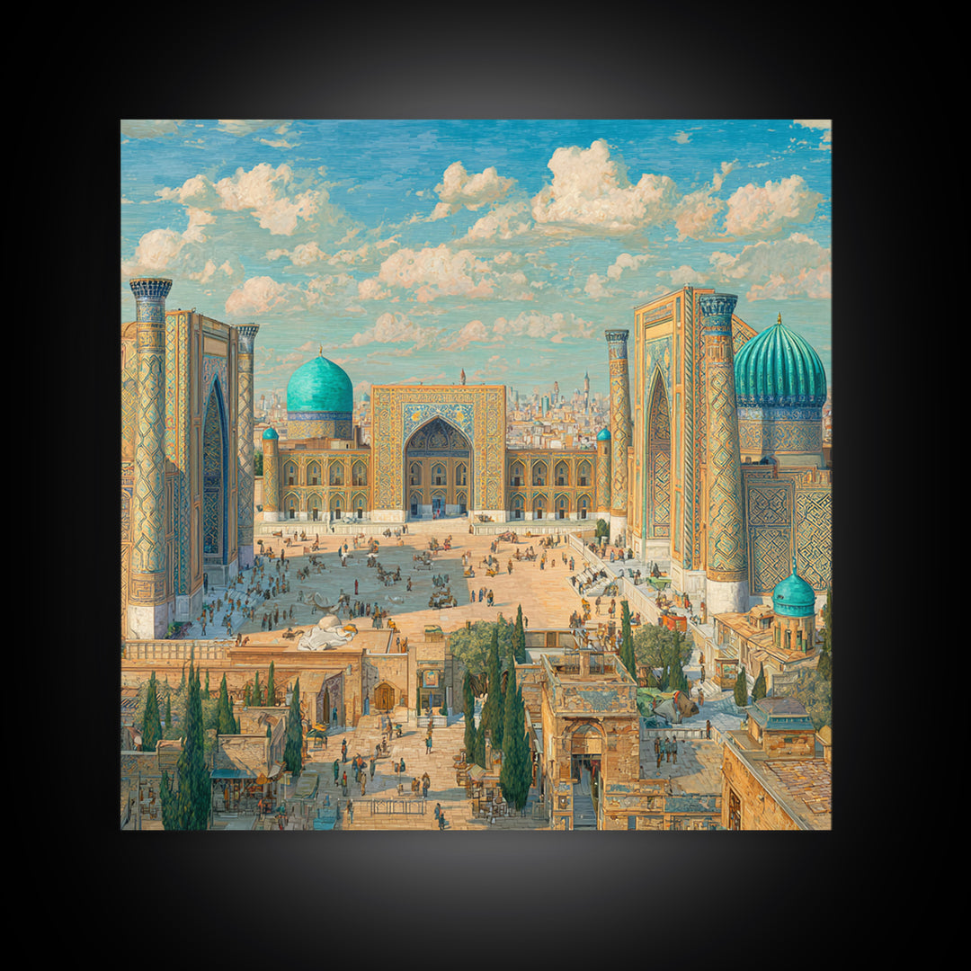 Sunlit Samarkand Mosque Courtyard Wall Art, Islamic Architecture Travel Poster, Blue Tile Decor, Asian Framed Canvas Print