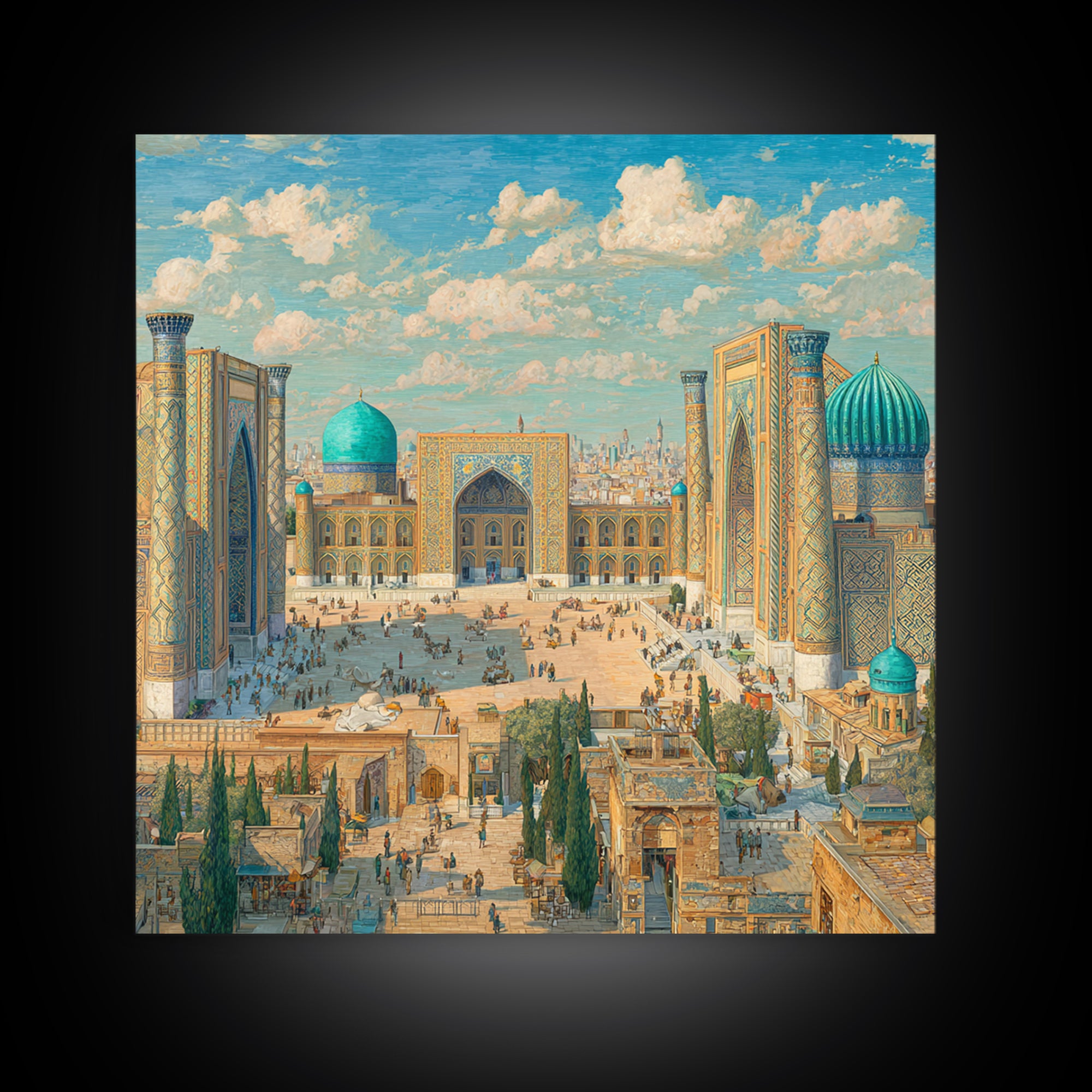 Sunlit Samarkand Mosque Courtyard Wall Art, Islamic Architecture Travel Poster, Blue Tile Decor, Asian Framed Canvas Print