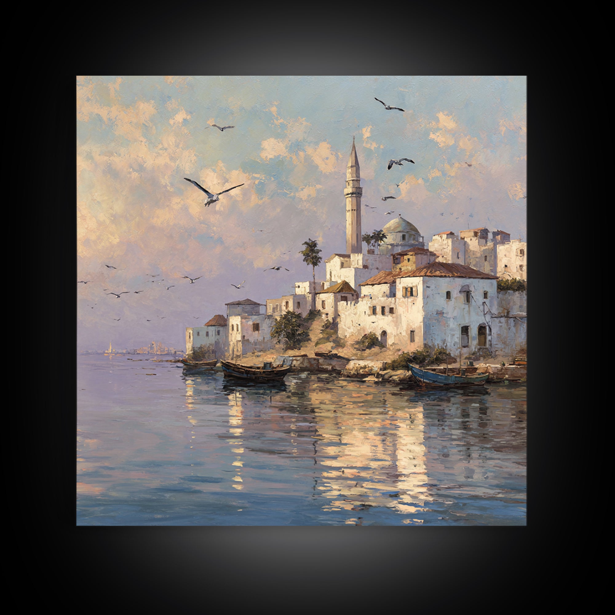 Sunlit Coastal Mosque Village Canvas Print, Mediterranean Seaside Landscape Art, Travel Poster, Coastal Wall Decor For Home