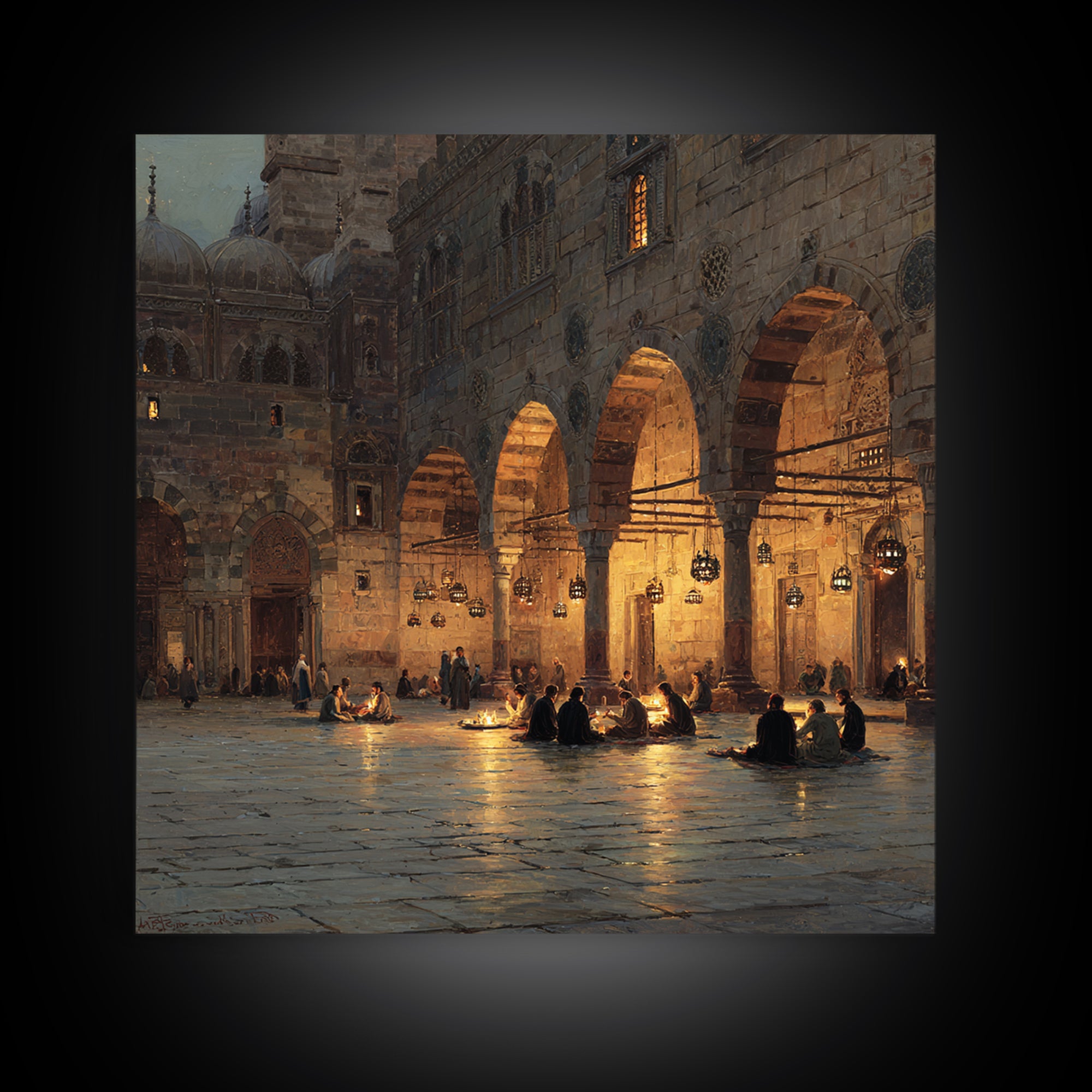 Lantern Lit Islamic Courtyard At Night Wall Art, Jerusalem Mosque Painting, Arabic Architecture, Prayer Room Decor Gift Print