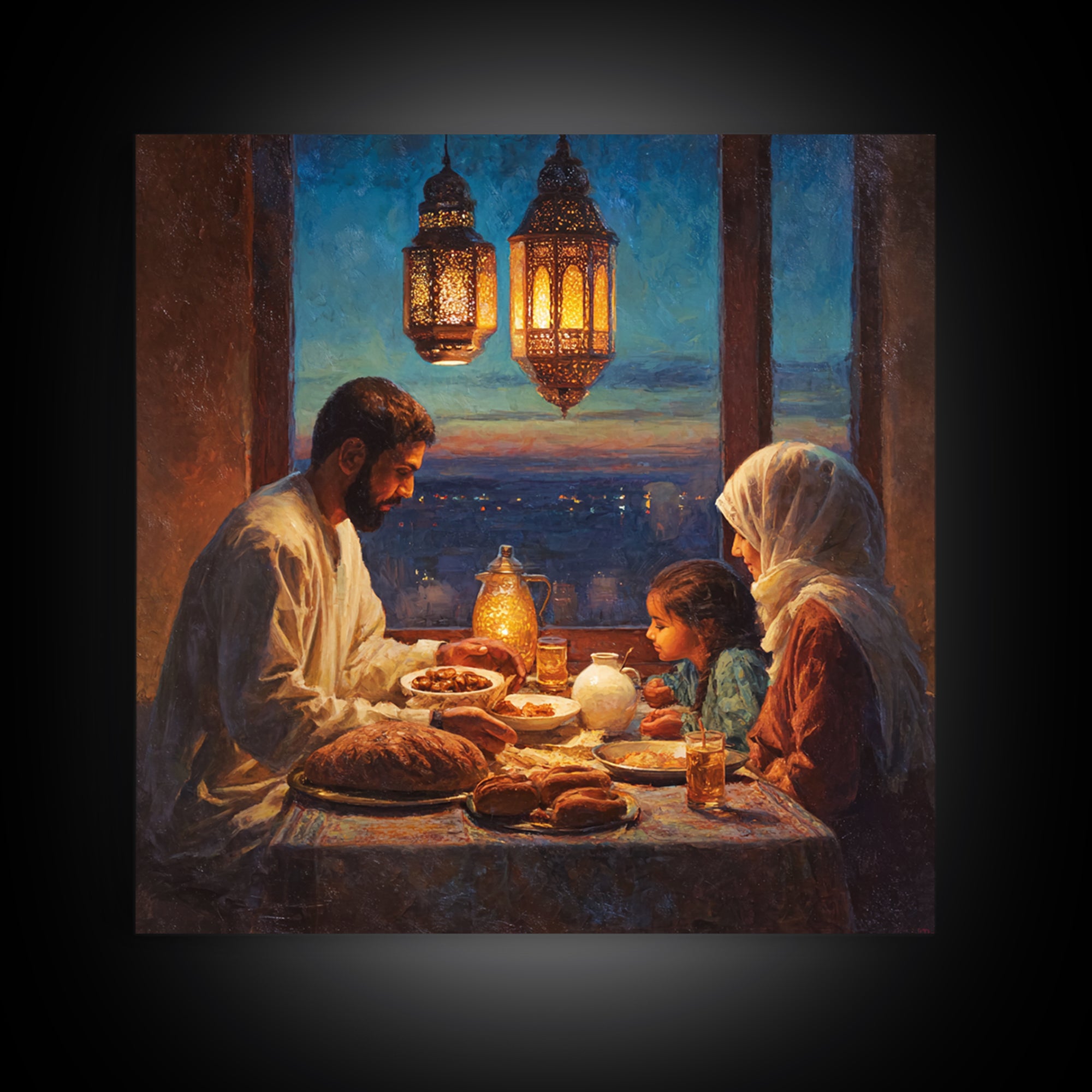 Ramadan Family Iftar By Lanterns Framed Canvas Print, Islamic Home Decor, Warm Dining Room Wall Art, Muslim Gift, Ramadan Eid Decor