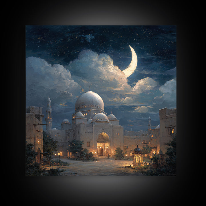 Crescent Moon Mosque Framed Canvas Print, Islamic Architecture Wall Decor, Ramadan Eid Art, Serene Night Sky Home Decor Gift