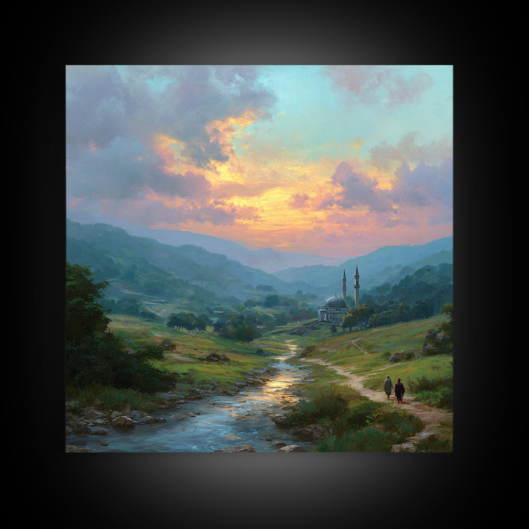Sunset Valley Mosque And River Landscape Wall Art, Islamic Home Decor, Serene Nature Print, Peaceful Living Room Decor, Housewarming Gift